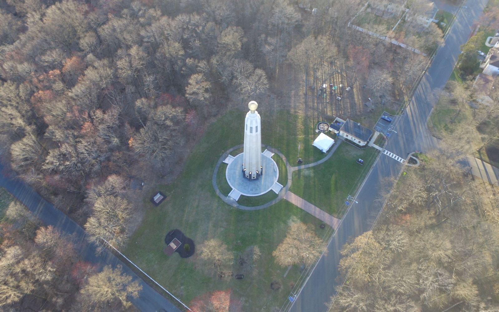 Aerial view of the Edison Memorial Tower and park in Menlo Park, Edison, New Jersey